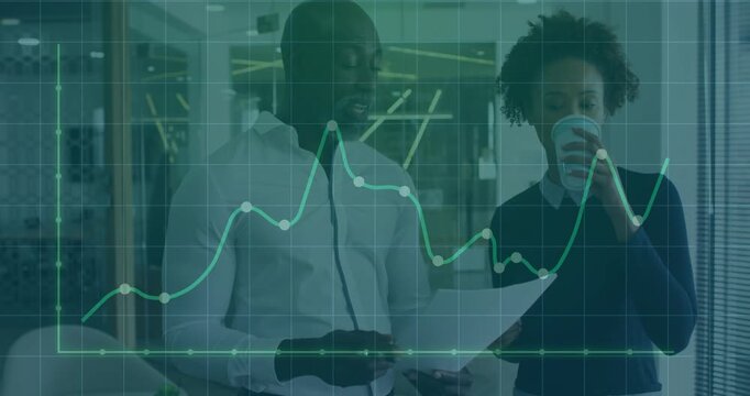 Business data graph appearing over paper, man pointing and gesturing while woman sipping cup