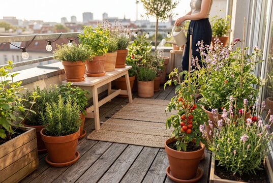 Woman watering a vibrant urban balcony garden filled with potted herbs, flowering plants, and ripe tomatoes under warm evening light, overlooking a city skyline.