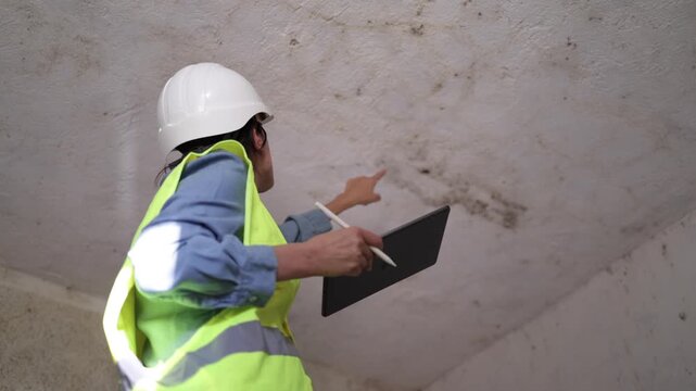 Building inspector examining mold and moisture damage on a ceiling while taking notes on a digital tablet, assessing the structural integrity of a house during renovation
