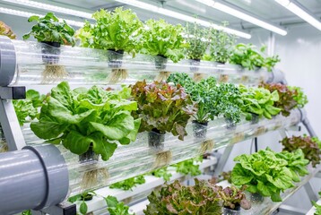 Fototapeta premium Vibrant lettuce, kale, and herbs flourish in a high-tech hydroponic vertical farm. Clear tubes with roots and LED lights exemplify sustainable indoor agriculture.
