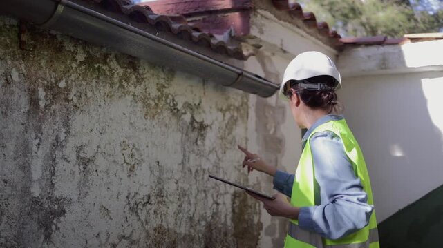 Female civil engineer inspecting a moldy building wall with a tablet. Construction manager checking for water infiltration damage, mildew, and moisture on the exterior facade