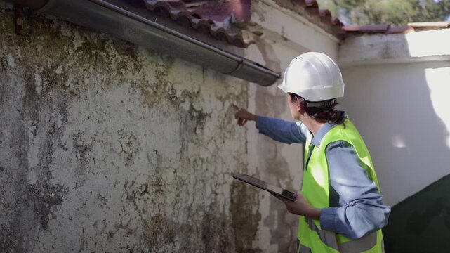 High-angle view of a female building inspector examining a damaged wall with a tablet, documenting humidity problems and mold growth on the building's exterior