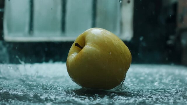 Fresh yellow apple falling in water with splashes and droplets on a dark background