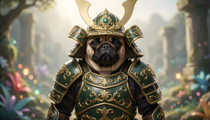 Fototapeta premium Pug dog samurai warrior decorative green armour gold trim