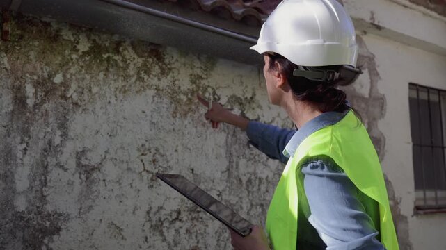 Building surveyor examining a damaged wall with a tablet. Construction engineer with safety helmet and vest checking for mold and humidity on an old building exterior facade