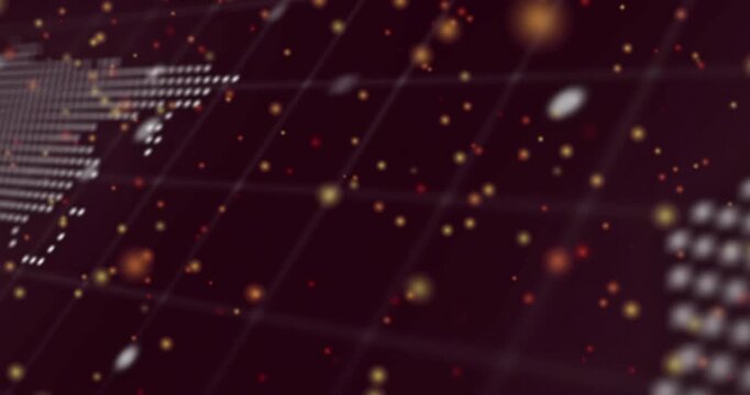 Dot map shifting while camera pulling back, revealing terminal text, grid, bokeh particles for tech