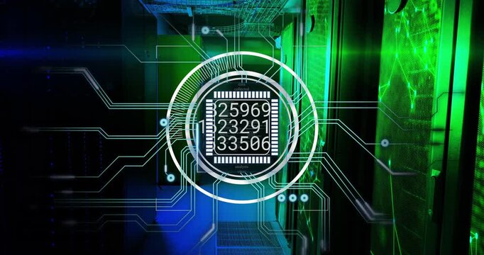 Chip HUD advancing progress, starting numeric streams and lighting circuit nodes in datacenter