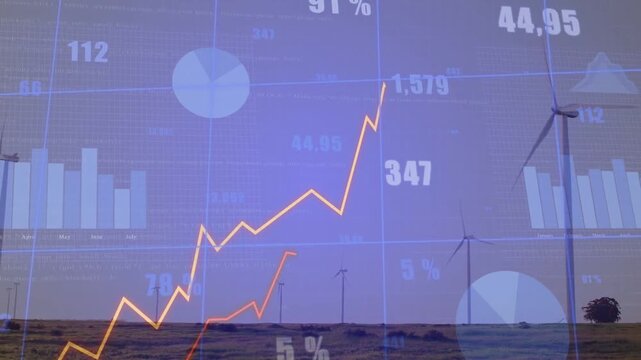 Animating charts overlay starting with orange trend line rising tracking turbine power at wind farm