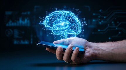 Fototapeta premium Mobile projecting artificial intelligence brain hologram concept