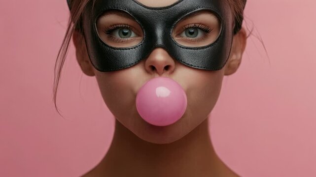Playful woman in a superhero mask blowing a big pink bubble gum bubble on a pink background