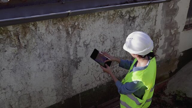 Civil engineer architect inspecting a decaying wall for structural damage and mold using a digital tablet for analysis, high angle view showing professional assessment