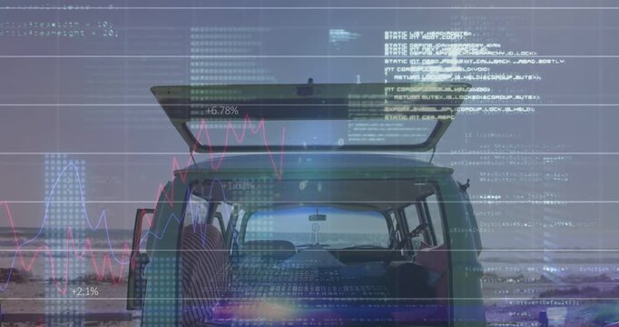 Vertical video: Faint overlay starting HUD, van rear open hatch showing tech graphs for cargo audit
