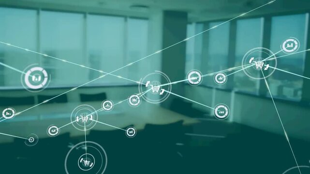 Faint HUD target appearing, shopping cart network expanding, connecting nodes and visualizing sales