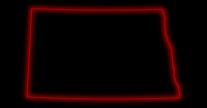 glowing red neon map of North Dakota.