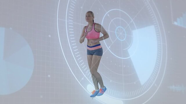 Woman trainer starting jogging in place by hopping, HUD pulsing and showing foot markers for cardio