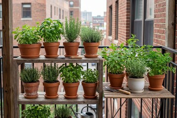 Fototapeta premium Lush urban balcony garden showcasing an array of fresh potted herbs including basil, rosemary, thyme, mint, and parsley on rustic wooden shelves.