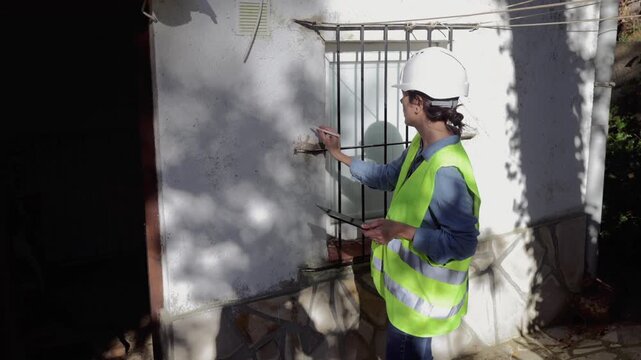 High-angle view of a female building inspector examining a damaged wall with a tablet, documenting humidity problems and mold growth on the building's exterior