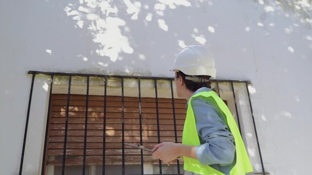 Female engineer inspecting a building's window grille while taking notes on a tablet. Professional civil architect wearing a safety helmet and vest during an on-site evaluation