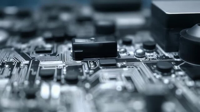 Computer circuit board close up featuring intricate electronic components creating a complex network for processing digital information and enabling advanced technology