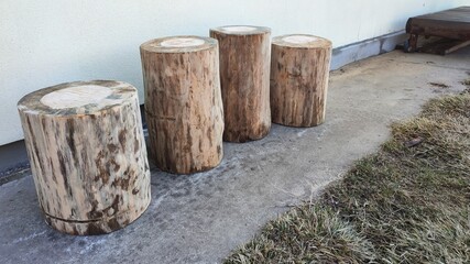 Naklejka premium Four natural wooden log stools standing in a row on concrete path near house wall