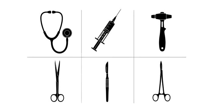 Medical equipment icons set, black silhouette surgical instruments vector, healthcare tools collection with stethoscope and syringe for clinic design