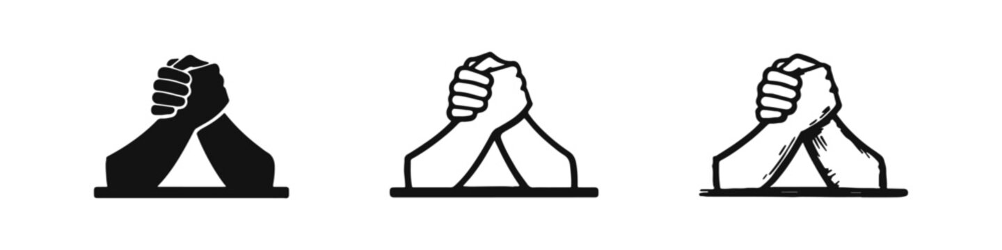 Arm Wrestling Icons Set with Solid, Outline, and Hand-Drawn Styles for Strength Sports and Competition