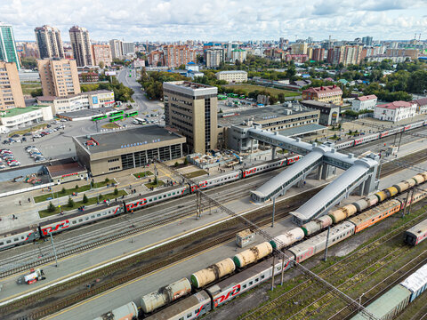 High-angle drone shot (top-down / bird's-eye view) of the Tyumen railway station complex in Tyumen, Russia, captured on September 12, 2022, using a DJI Mini 2. The image shows the main station