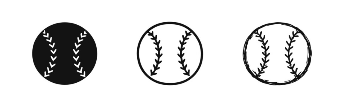 Baseball Ball Icons Set with Solid, Outline, and Hand-Drawn Styles for American Sports
