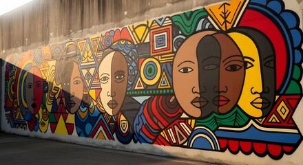 Obraz premium Colorful Juneteenth Mural Featuring Diverse Faces and Geometric Patterns Celebrating Freedom and Heritage