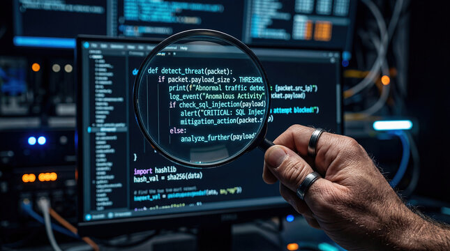 Male hand holding magnifying glass software code concept. A close-up of coding on a computer screen with a magnifying glass.