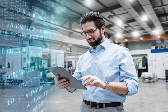 Young engineer standing and using tablet PC at factory