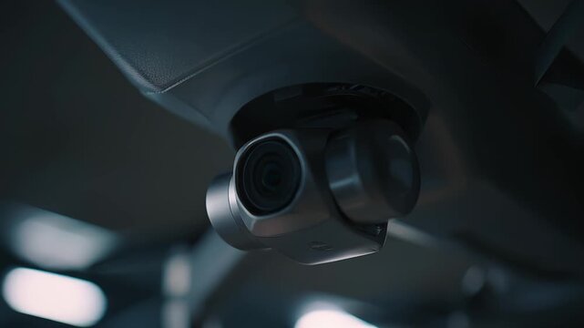 Drone camera with its integrated gimbal system and lens capturing aerial footage, highlighting modern surveillance, videography, and robotics technology for various applications