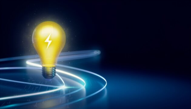 A bright light bulb with a lightning bolt against a dark background, illustrating creativity and innovation