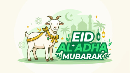 Fototapeta premium A cheerful flat design illustration showcasing bold 'Eid Al Adha Mubarak' typography paired with a sacrified animal, perfect for banner.