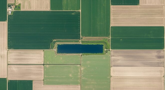Aerial Top View of Geometric Agricultural Fields with Blue Rectangular Reservoir in Center, Drone Photography of Green and Beige Farmland Patchwork for Agriculture, Ecology and Land Use Concept