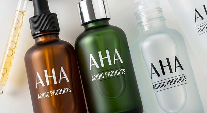 Three AHA Alpha Hydroxy Acid Skincare Serum Bottles in Amber Green and Frosted Glass with Dropper on White Background, Acidic Exfoliating Product Collection for Beauty Branding and Skincare Routine
