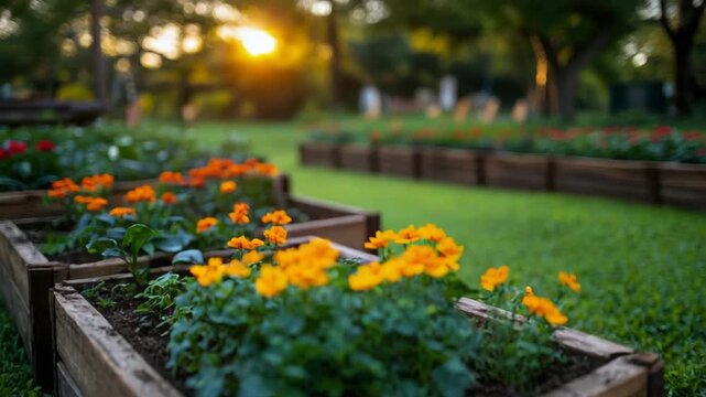 Golden hour glow illuminates thriving backyard garden, showcasing vibrant blossoms in rustic wooden planters amidst lush green foliage.