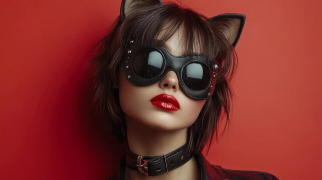 Provocative woman in cat ears, leather mask, and choker looking at the camera on a red background