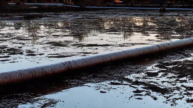 Large brown industrial pipe runs across a vast wastewater field of dark mud and stagnant water, reflecting the gray sky and highlighting pollution, contamination, and environmental damage