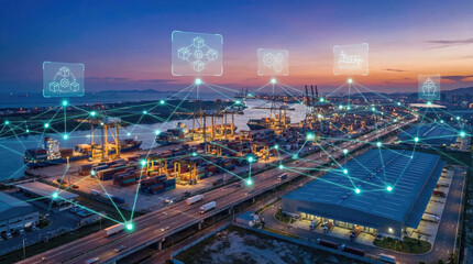 Fototapeta premium Optimizing supply chain management operational efficiency concept. Aerial view of a busy port with technology and logistics networks.