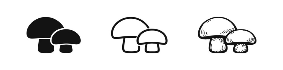 Mushroom icon set. Black silhouette, outline, and hand drawn style mushroom icons. Edible fungi vector illustration. © drawing lines