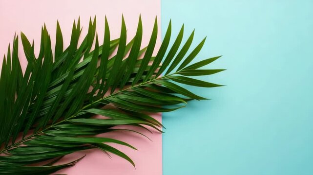 Tropical palm leaf lying diagonally on a pastel pink and blue split background, showcasing a minimal, modern and vibrant summer composition for creative design projects.