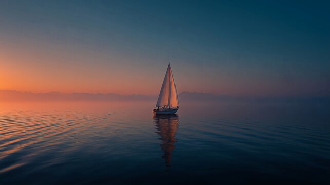 Sailboat on Calm Ocean at Sunset Horizon