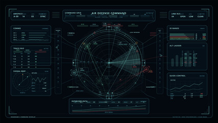 Obraz na płótnie Canvas Futuristic air defense command interface displaying a radar screen, tracking data, signal maps, and various control panels with digital graphics and analytics.