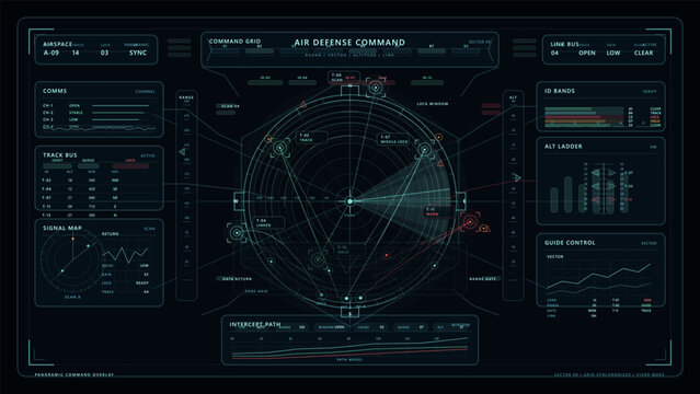 Futuristic air defense command interface displaying a radar screen, tracking data, signal maps, and various control panels with digital graphics and analytics.