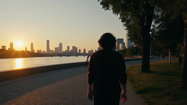 Person walking along a waterfront path with city skyline at sunset in the background with trees on the right