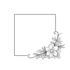 Fototapeta premium Vector illustration of an elegant square frame with a detailed hand drawn floral corner bouquet featuring blooming flowers and leaves for minimalist wedding invitations or logo design.