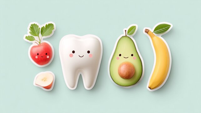 Dental Health Concept with a Cute Smiling Tooth Character and Healthy Food Icons Like Apple Avocado and Banana Styled as Stickers