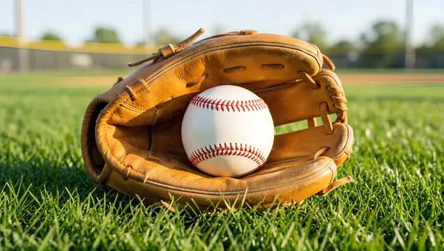 Classic brown baseball glove holding a white stitched baseball on a lush green grass field, representing summer, little league, and america's pastime