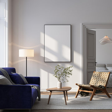 Modern Living Room Poster Frame Mockup with Natural Light and Minimalist Decoration. 3D render.